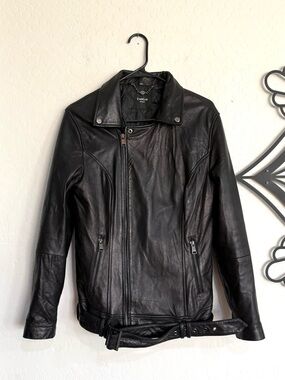 BEBE Black Genuine Leather Moto Biker Jacket Size M EUC